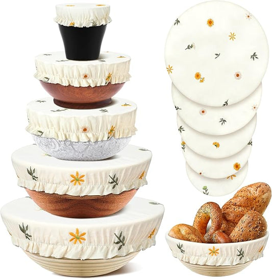 Patelai 10 Pcs Bowl Covers Reusable in 5 Size Stretch Cloth Fabric Elastic Food Storage Bowl Covers Bread Sourdough Lids for Proofing Food Fruits Leftover(Embroidery Daisy)