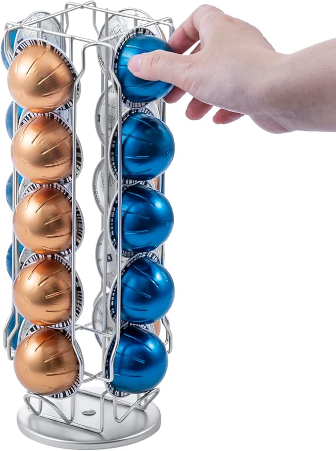 MyGift Silver Chrome-Plated Metal Coffee Pod Capsule Holder Stand Rotating Carousel, Compatible with Vertuoline Pod, Coffee Bar Organizer Rack - Holds 20 Capsules