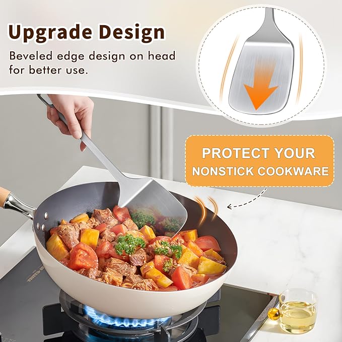 2 Pcs Spoons Cooking Utensils Set, Stainless Steel Kitchen Utensils, Heat Resistant Metal Kitchen Tools Include Solid & Slotted Serving Spoon, Ergonomic Handle, Dishwasher Safe, Easy to Clean, Silver