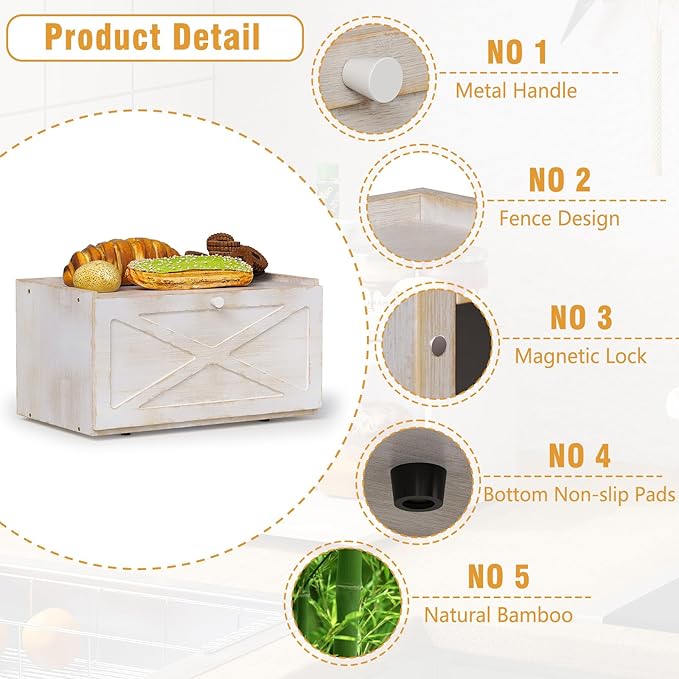 Bamboo Bread Box for Kitchen Counter Farmhouse Bread Storage Container Large Capacity Bread Storage Bin Bread Holder (Antique White)