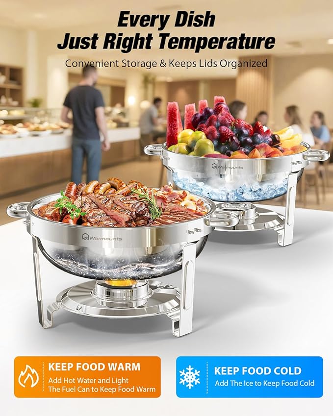 Round Chafing Dishes for Buffet with Glass Lid (5QT, 2 Pack), Chafers and Buffet Warmers Set with Mirror-Polished Stainless Steel, Rolled Rim, Stackable, Lid Holder for Parties, Catering