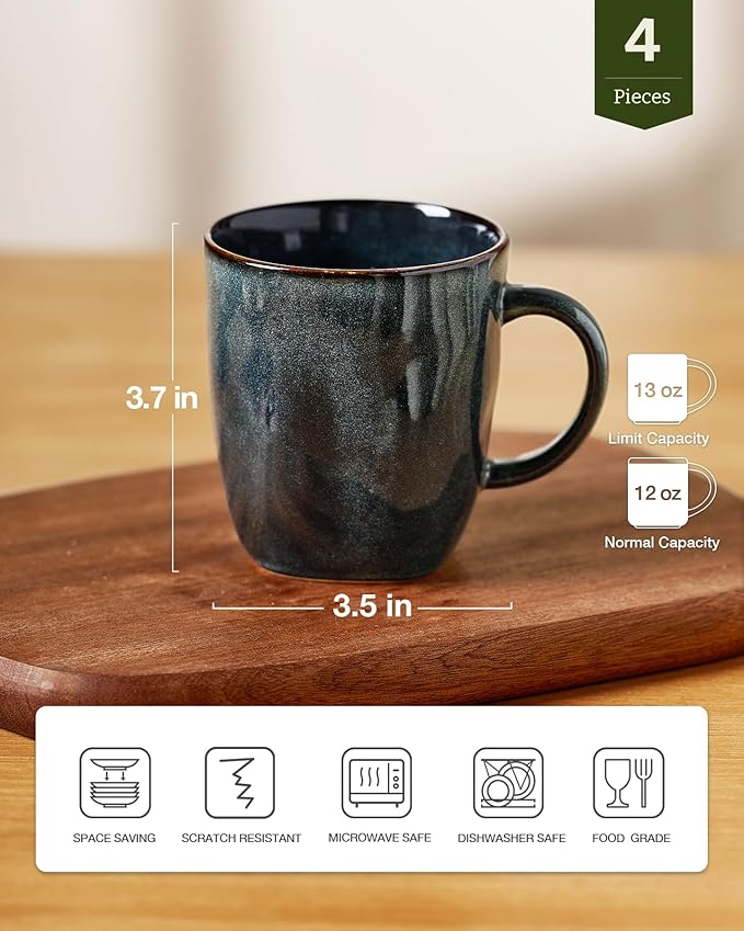 famiware Coffee Mugs Set of 4, Ocean Square 13oz Coffee Cup Set with Handle for Cocoa, Milk, Hot Chocolate, Stoneware Cups for Kitchen, Reactive Glaze, Microwave and Dishwasher Safe, Deep Forest