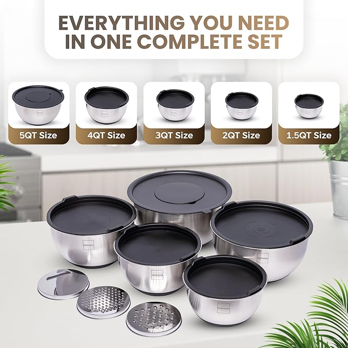 Stainless Steel Mixing Bowls Set of 5, Large Nesting Bowls with Airtight Lids for Food Prep, Cooking, Baking, Salad, and Outdoor Dining (Black, 5 Pcs)