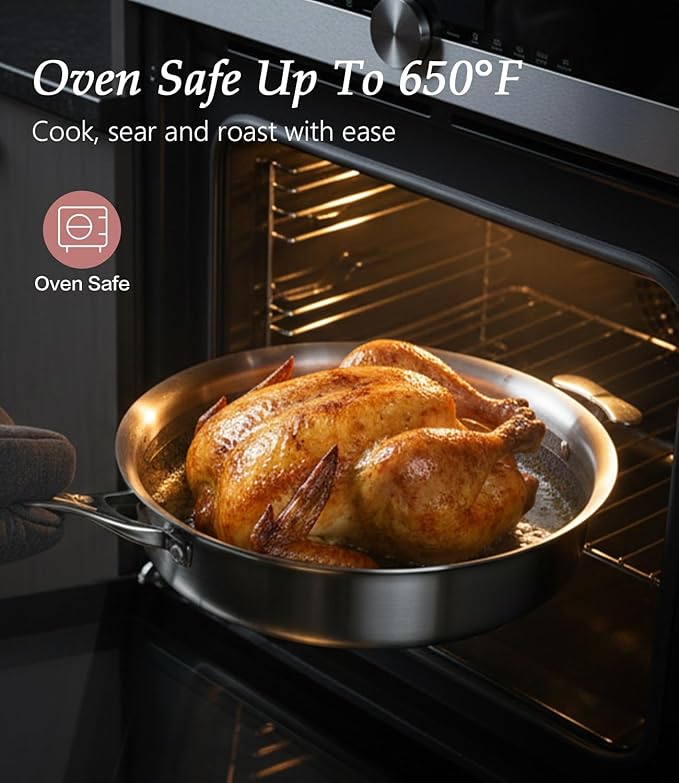 Saute Pan with Lid–12 Inch Deep Frying Pan 5.5qt for Stir-Fry & Searing,5-Ply Stainless Steel Saute Pan Nonstick Non Toxic, PTFE & PFOA Free Non Stick Skillet,Induction, Oven & Dishwasher Safe