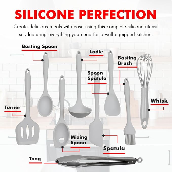 Chef Craft - Premium Silicone Kitchen Tools and Utensils Set, Non-Scratch, Withstands Temperatures up to 450°F, BPA-Free, 9 Piece Cooking Utensils Set, Gray