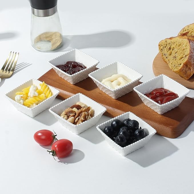 UIBFCWN 6 Pack Ceramic Dip Bowls Set, 2.3oz White Dipping Sauce Bowls/Dishes for Tomato Sauce, Square Side Dishes, Mini Appetizer Plates for Condiment