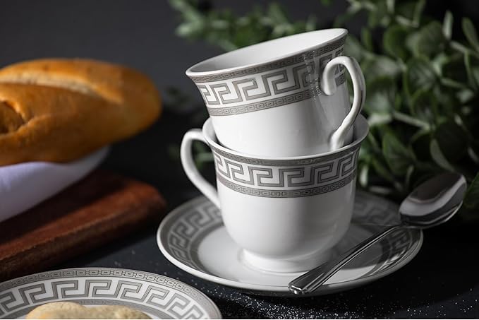Porcelain Tea Cup and Saucer Set - 12 Piece White and Silver Greek Key Design - 6.5 oz Cups, 5.5 inch Saucers - Vintage Tea Set For Adults, Elegant Party Tea Cup Set (Meander Silver)