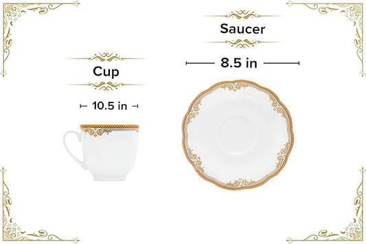 Porcelain Tea Set, 12 Piece - Elegant White with Gold Floral Edge Design - 5.5 Inch Saucers, 6.5 oz Cups - For Adults Tea Party or Everyday Dinnerware (Floral Gold)