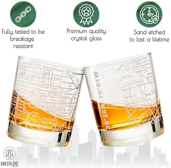 Greenline Goods Whiskey Glasses - 10 Oz Tumbler Set for Baltimore lovers, Etched with Baltimore City Map Old Fashioned Rocks Glass - Set of 2