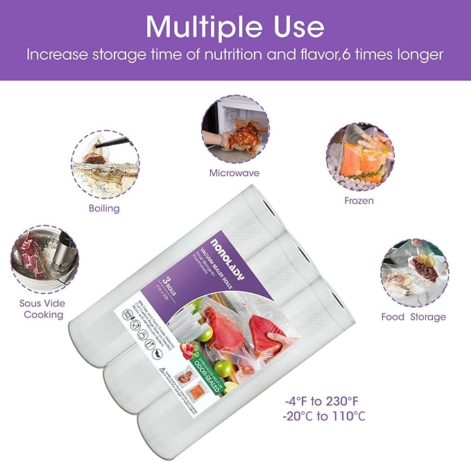 Vacuum Sealer Bags Rolls for Food, 3 Rolls 11" x 20' Commercial Grade BPA Free, Heavy Duty Puncture Prevention for Sous Vide, Meal Prep, Vac Storage with Freezer Use (Customized Size)