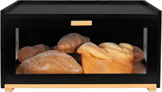 MinBoo Bamboo Bread Box for Kitchen Counter,Large Bread Storage Container with Arcylic Transparent Door, Bamboo Wooden Farmhouse Bread Box for Kitchen