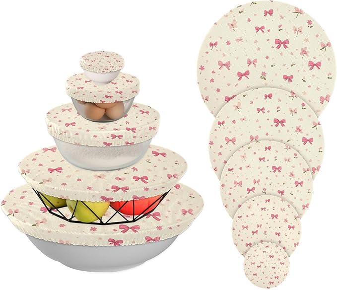 5 Pcs Bowl Covers Reusable in 5 Size Elastic Food Cover Cloth Lids Fresh Keeping Dish Cookware Bakeware Fabric Covers Lids for Food Leftovers Fruits Storage Beige Flower Pink Bows