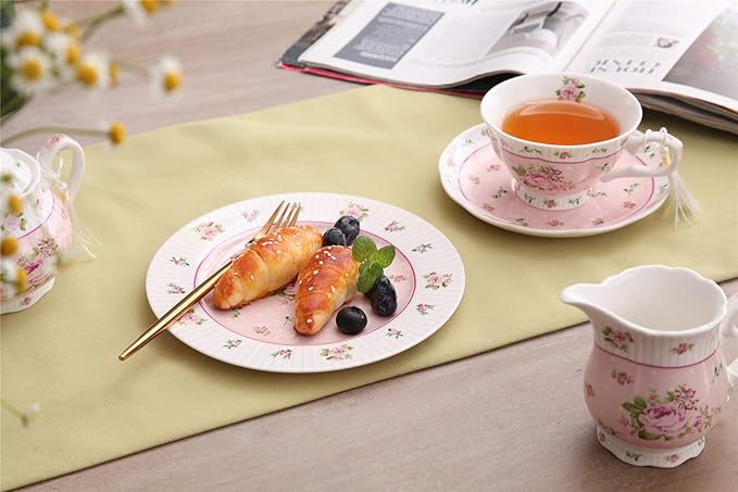 London Boutique Coffee Tea Cup and Saucer Set 4 Shabby Chic Vintage Porcelain Bird Butterfly Flora Gift Box 7.5OZ (Rose Pink)