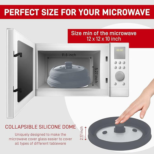 Microwave Splatter Cover Glass 10 Inch - Collapsible Microwave Splatter Cover for Plate & Bowl - Tempered Glass Top, Food-Grade Silicone Dome with Heating Vents & Heat-Safe Handle