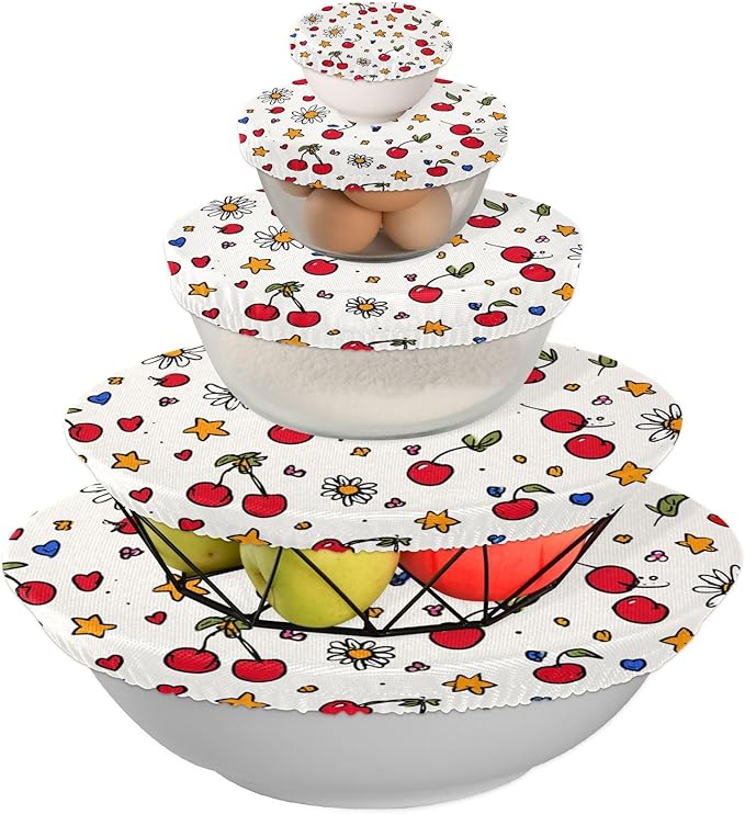 5 Pcs Bowl Covers Reusable in 5 Size Elastic Food Cover Cloth Lids Fresh Keeping Dish Cookware Bakeware Fabric Covers Lids for Food Leftovers Fruits Storage Cherry Stars Flower