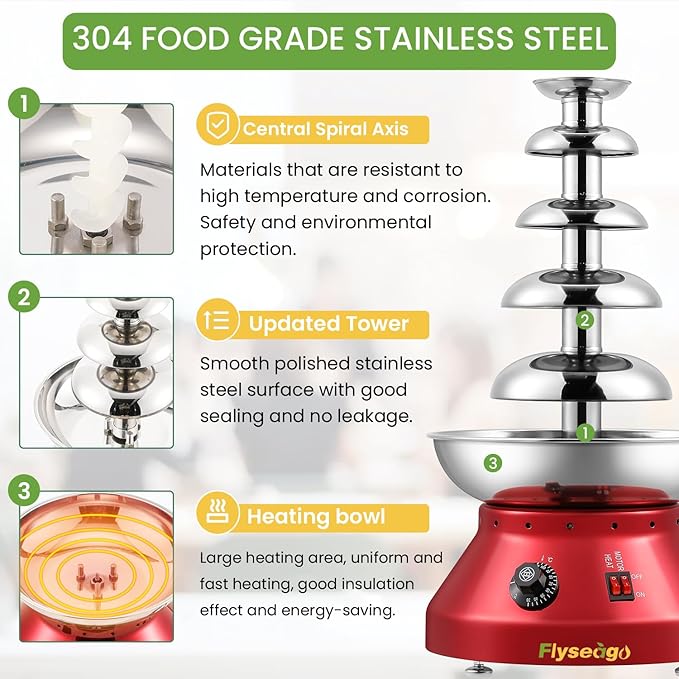 Chocolate Fountain Commercial Hot Chocolate Fondue Tower 5 Tier 7-Pound Large Capacity Stainless Steel Chocolate Melting Heating Machine for Nacho Cheese Liqueurs Party Wedding (Vintage Red)