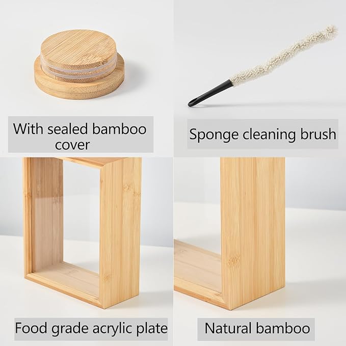 Bamboo Kitchen Cereal Containers Storage Dispenser, 3 Liter Airtight Pantry Organizers with Lid, Home Organization for Cereal, Rice, Flour, Snack, Candy Storage-1 sponge cleaning brush