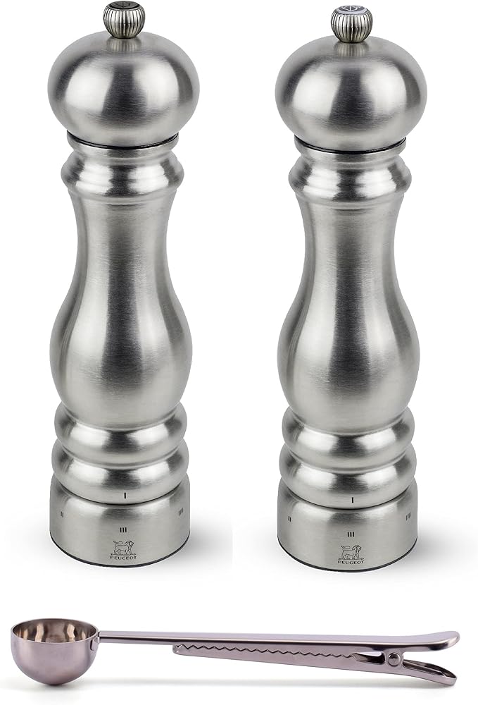 Peugeot Paris u'Select 6 Setting Manual Stainless Steel Salt & Pepper Mill Set With Stainless Steel Spice Scoop Made In France (9- Inch)