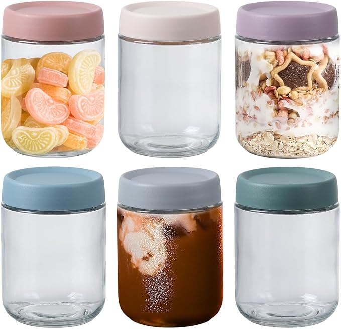 16 OZ Glass Mason Jars with Airtight Lids Wide Mouth Leakproof Pantry Organization Food-Grade Storage Containers for Honey,Salad,Yogurt and Snacks (Plastic Lid-6 Pack)