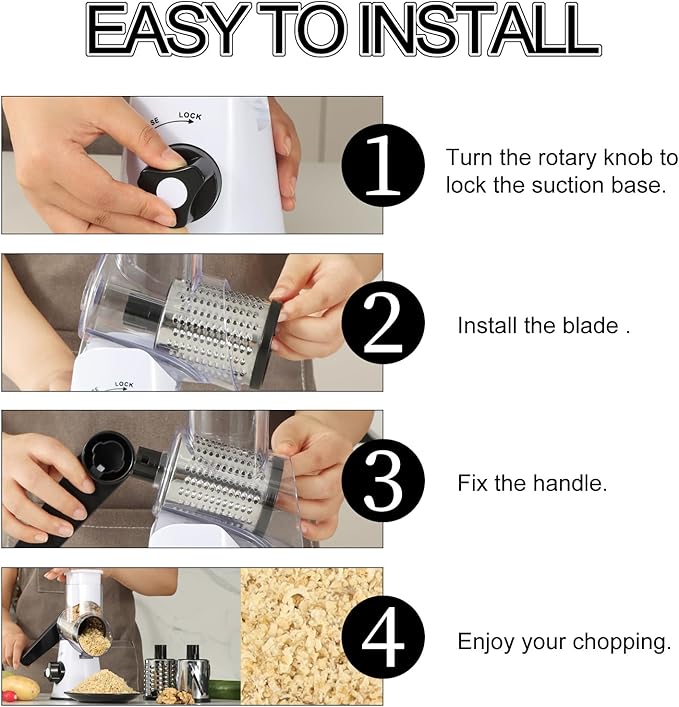 Ourokhome Rotary Cheese Grater Hand Crank, Kitchen Shredder Speed Mandolin Slicer Nuts Grinder with Handle and Drum Blades for Cheese, Vegetable, Walnuts, Chocolate, Potato, 3 Blades, White Black