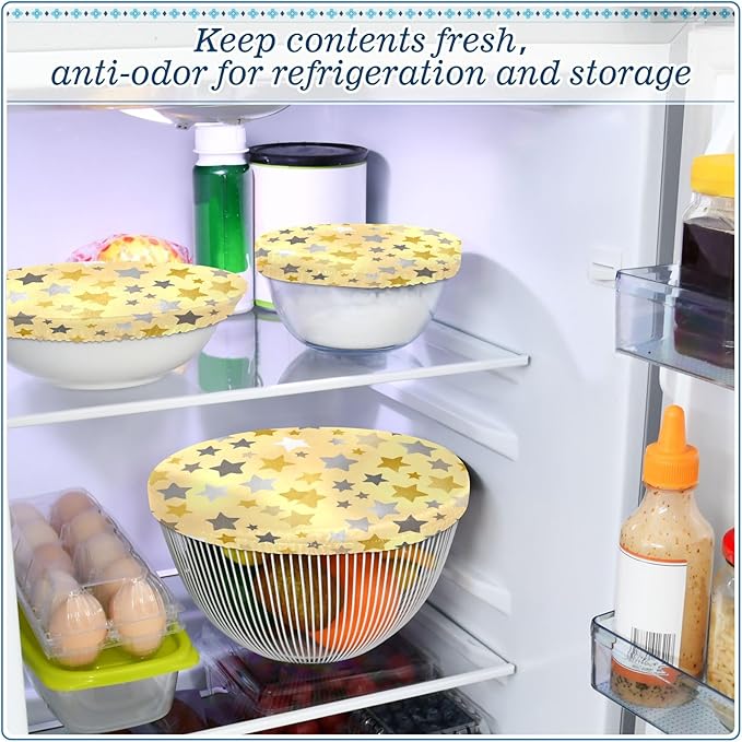 5 Pcs Bowl Covers Reusable in 5 Size Elastic Food Cover Cloth Lids Fresh Keeping Dish Cookware Bakeware Fabric Covers Lids for Food Leftovers Fruits Storage Cute Silver and Golden Stars