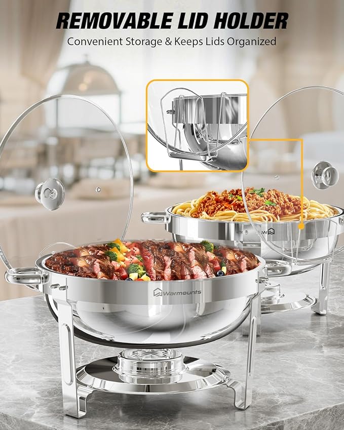 Round Chafing Dishes for Buffet with Glass Lid (5QT, 4 Pack), Chafers and Buffet Warmers Set with Mirror-Polished Stainless Steel, Rolled Rim, Stackable, Lid Holder for Parties, Catering
