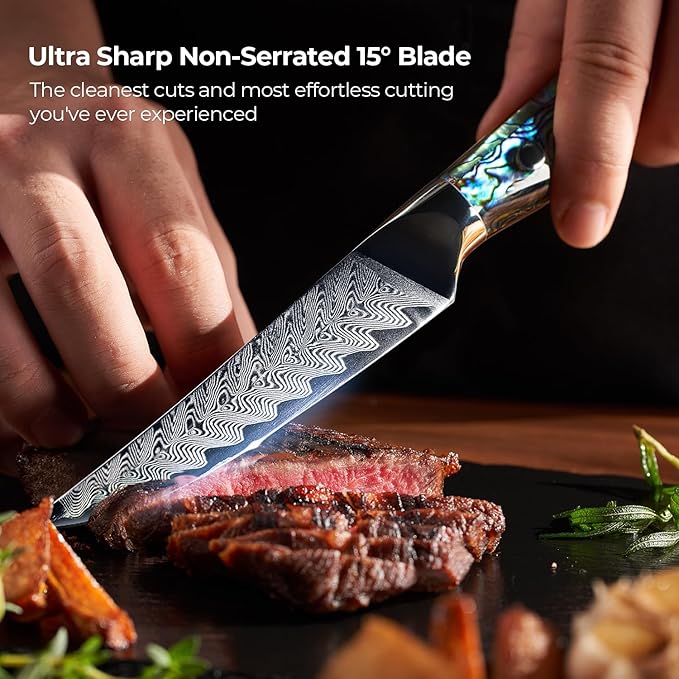 SENKEN 6-Piece Damascus Steak Knife Set, Non-Serrated Blades, Real Abalone Shell Handle Handle, "Umi" Collection Japanese Steak Knives, Japanese VG10 Steel 67-Layer Damascus