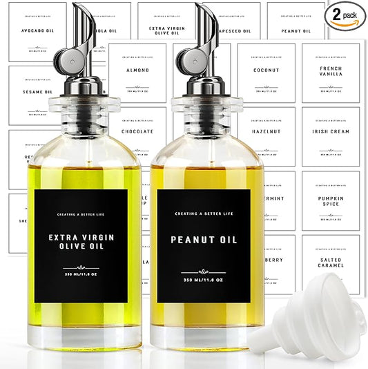 Olive Oil Dispenser Bottle with Bamboo Tray, GIXSEGIE Oil and Vinegar Dispenser Set w.Metal Pour Spout, Coffee Syrup Dispenser, Olive Oil Cruet Cooking Oil Dispenser, Oil Container Bottles for Kitchen