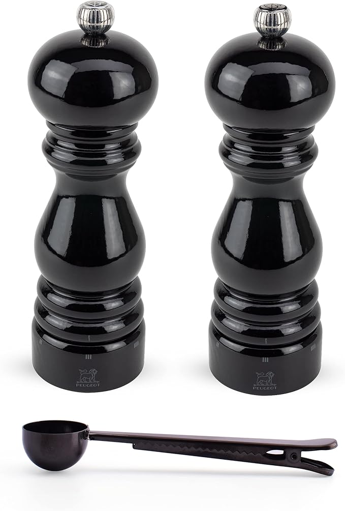 Peugeot Paris u'Select 6 Setting Manual Salt & Pepper Mill Set With Black Stainless Steel Spice Scoop Made In France (Black Lacquered, 5- Inch)