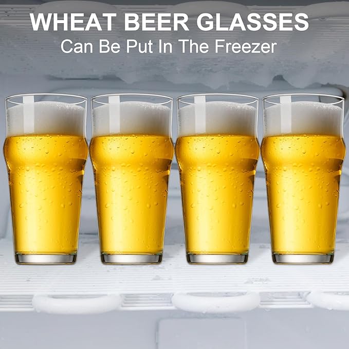 Beer Glasses Set of 4, 16 oz Pilsner Beer Pint Glasses, Classics Craft Wheat Beer Glasses Drinking Set, Beer Mug Glassware Gift (Set of 4-B)