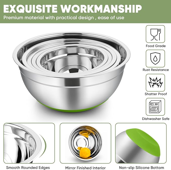 TeamFar Mixing Bowls with Lids Set, 1/1.5/2.5/3.5/7 QT, Stainless Steel Large Metal Nesting Salad Bowl Set of 5, Healthy & Sturdy, Non-slip Bottom & Airtight Lid, Multi-Color