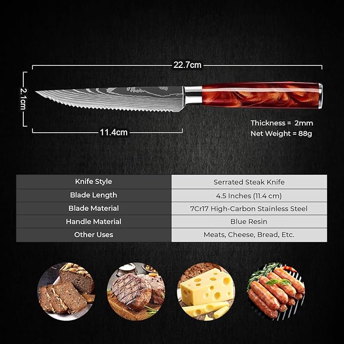 SENKEN Professional Steak Knife Set with Engraved Damascus Pattern, Razor Sharp Blade, High Carbon Stainless Steel with Beautiful Gift Box, Blue & Red Resin Handles