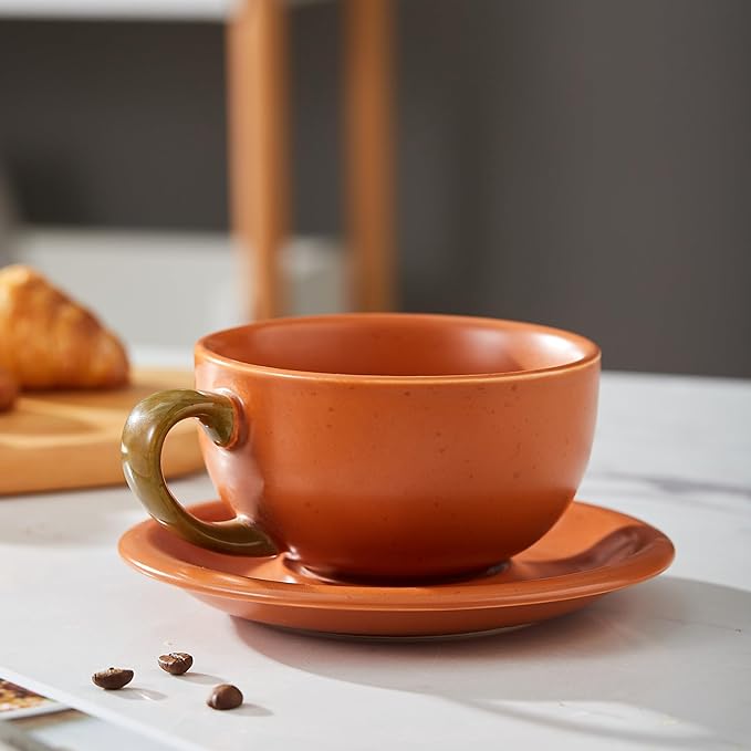 Vintage Design 12 oz Ceramic Latte Art Cappuccino Barista Cup with Saucer (Pumpkin Orange)
