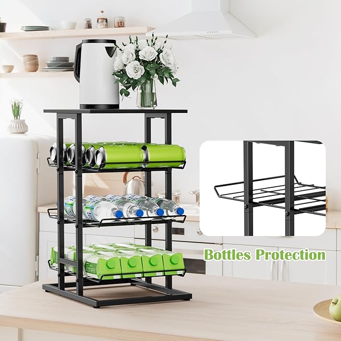 smusei Water Bottle Organizer 3 Tier Free Standing Storage Rack Mobile Beverage Snack Cart with Wheels, Bottled Water Rack for Floor Metal Drink Shelf Stand for Pantry Living Room