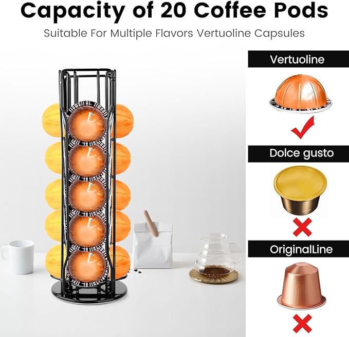 Coffee Pod Stand Holder for Nespresso Vertuoline 20 Pods, Coffee Bar Vertuo Pod Organizer Rack, 360° Rotating Coffee Capsule Holds Storage, 20 Pods Holder Spinner for Nespresso Vertuo Line (Black)