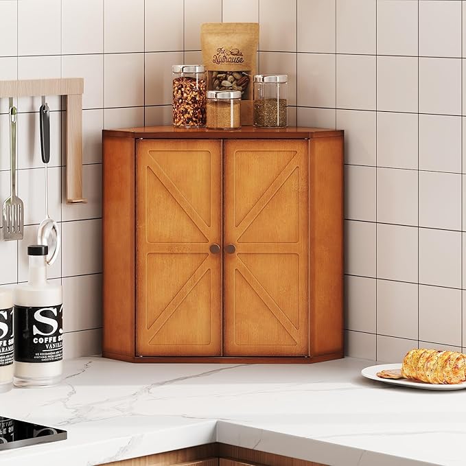 Corner Bread Box for Kitchen Counter Double Layer Bamboo Bread Storage Container Large Capacity Bread Storage Bin Farmhouse Breadbox Organizer (Antique Brown)