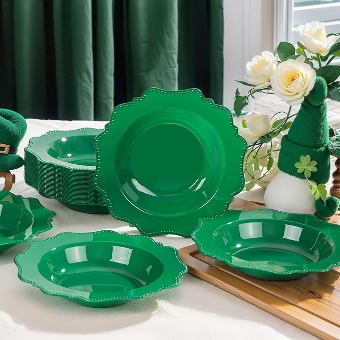 COLOSUS 60 Pack Green White Plastic Bowls, 12 oz Disposable Soup Bowls, Premium Plastic Dinner Bowls,Heavy-duty Dessert Salad Bowl for Party, Wedding, Dinner, Christmas, Thanksgiving, and Catering