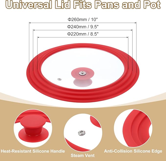 Uxcell 1Pcs Universal Lid for Pot Fit 8.5, 9.5, 10 Inch Diameter Cookware, Replacement Pan Lid with Heat Resistant Silicone Rim, Steam Vent Pan Lid for Pots, Frying Pans, Skillets, Red