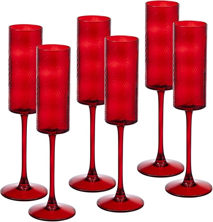 6 Pieces Red Champagne Flutes,6 OZ Twill Pattern Striped Vintage Stem Glasses Stemware Wine Glasses Champagne Long Stem Drinking Colored Glasses Goblets for Wedding Cocktail Cups,Cava, Prosecco