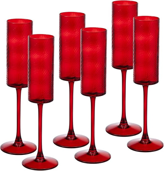 6 Pieces Red Champagne Flutes,6 OZ Twill Pattern Striped Vintage Stem Glasses Stemware Wine Glasses Champagne Long Stem Drinking Colored Glasses Goblets for Wedding Cocktail Cups,Cava, Prosecco