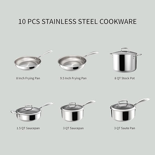 10 Pcs Stainless Steel Cookware Set, No Coating Frying Pans, Saucepans, Saute Pan and Stock Pot, Suitable for All Cooking Hobs
