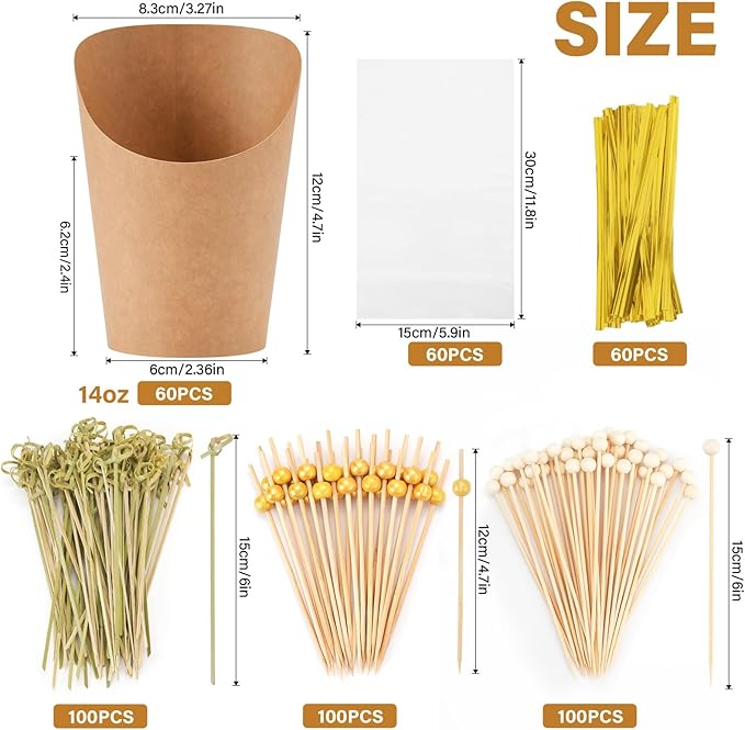 60pcs Individual 14oz Disposable Charcuterie Cups with Sticks,300pcs Cocktail Skewers,60 Portable Bags, Brown Paper Appetizer Cups for French Fry, Party Supplies