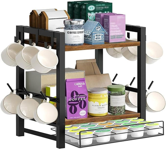 Coffee Bar Organizer,3 Tier K Cup Holder for Counter,Coffee Pod Drawer Holder with 12 Mug Hooks,K Cup Drawer Organizer for Syrup,Tea,Bean,Coffe Bar Accessories for Kitchen&Home Office