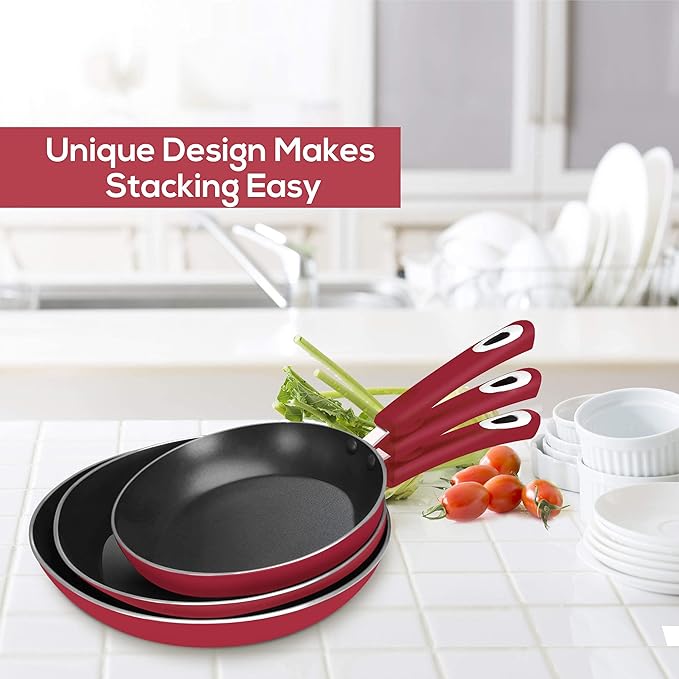 Utopia Kitchen Nonstick Cookware 3 Piece Set, Non-Stick Frying Pans with Induction Bottom, 8, 9.5 & 11 Inches Frying Pans with Bakelite Handles, PFOA Free, Red & Black