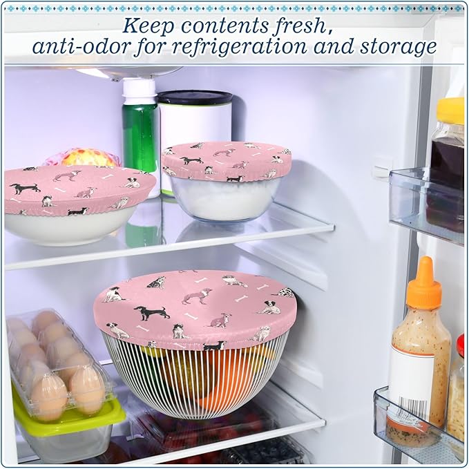 5 Pcs Bowl Covers Reusable in 5 Size Elastic Food Cover Cloth Lids Fresh Keeping Dish Cookware Bakeware Fabric Covers Lids for Food Leftovers Fruits Storage Pink Dog and Bone