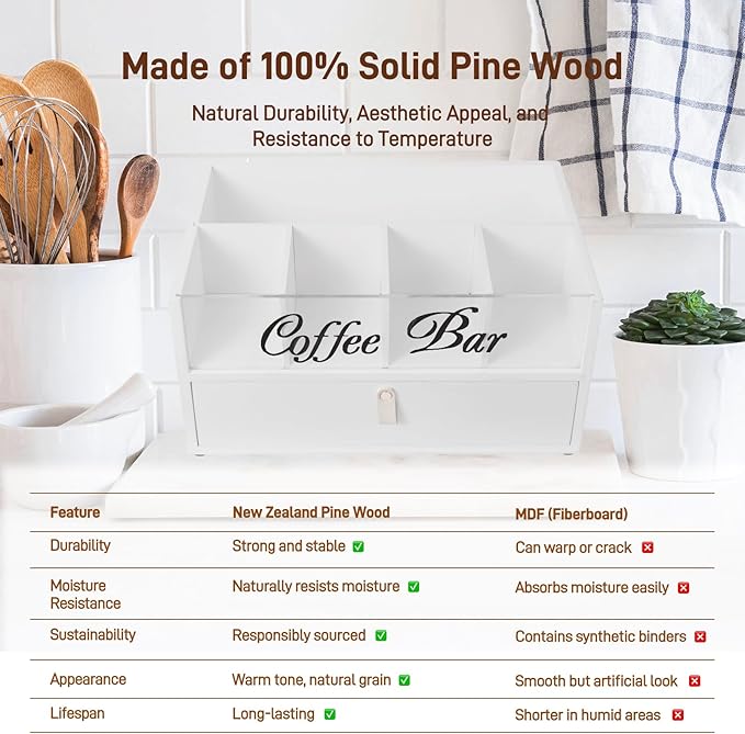 2-Tier Coffee Bar Organizer with Clear Acrylic Top, Built-in Drawer and Leather Handle Pull for Countertop, Stylish Coffee Station Storage Box for Accessories, Pods, Great Gifts for Home