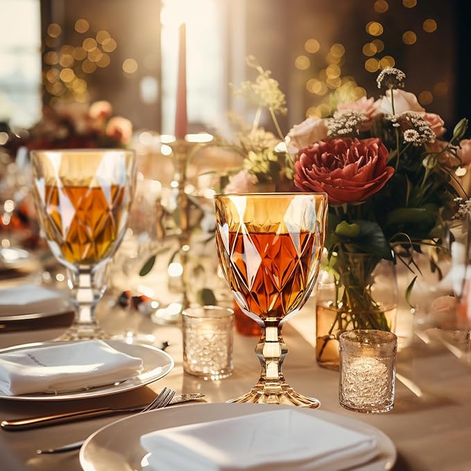 24 Pcs Vintage Wine Glasses, 10 Ounce Colored Glass Water Goblets, Unique Embossed Pattern High Clear Stemmed Glassware Wedding Party Bar Glass Drinking Cups Fancy Wine Glasses Amber Set of 24