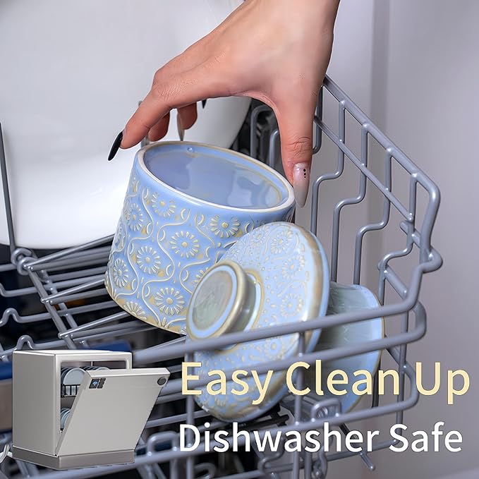 Ceramic Butter Crock with Lid, French Butter Dish with Water Line for Countertop, Butter Keeper for Spreadable Butter, Container Holder for Kitchen and Home Decor, 6.7 OZ, Pale Blue