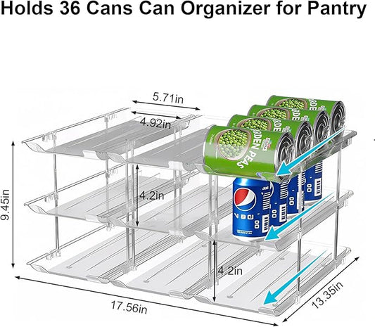 cjc Can Organizer for Pantry, Clear Can Organizer for Fridge, Automatic Rolling Soda Pantry Organizers for 36 Cans, Stackable Storage Rack for Kitchen Cabinet (3 Sets 3 Tiers)