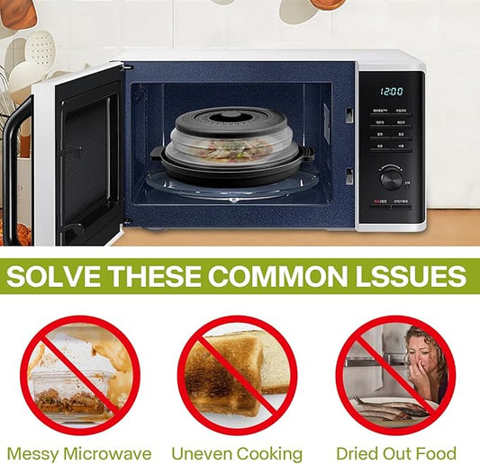 Microwave Food Splatter Cover & Base Mat,10.5 Inch Large Plastic & Silicone Vented Collapsible Guard Lid, Plate Holder & Kitchen Colander for Meal (Black)